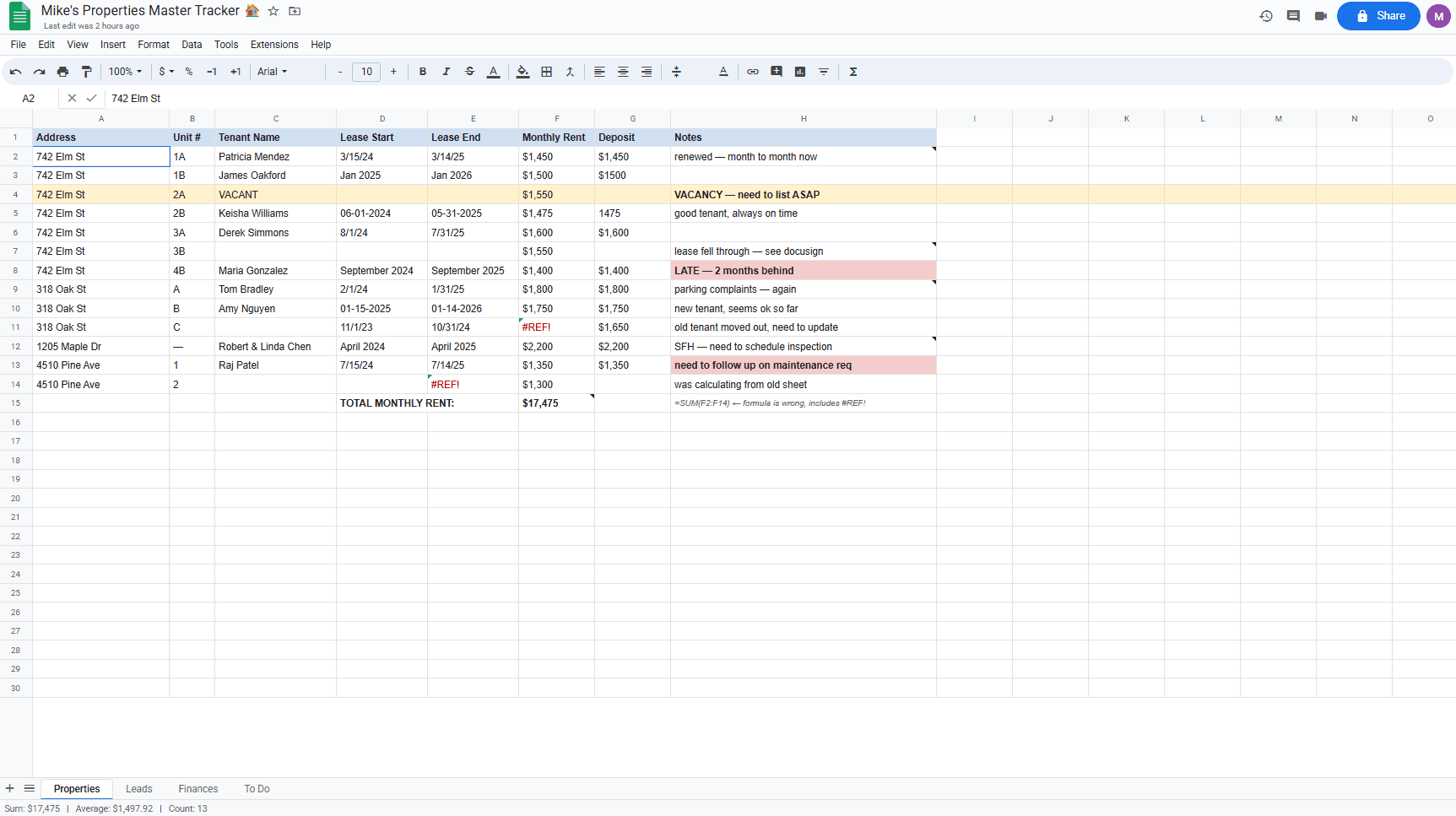 Messy Google Sheets property tracker with broken formulas